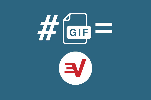 A hashtag, a gif file icon, and and equal sign above the ExpressVPN logo.