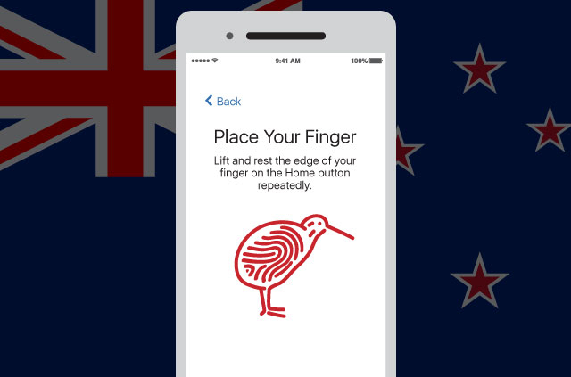 The New Zealand flag faded in the background with a phone in front of it with a picture of a kiwi bird drawn like a fingerprint.