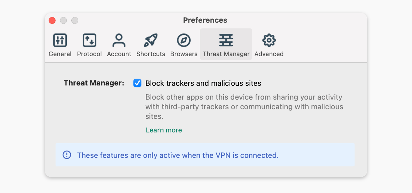 The Threat Manager feature in ExpressVPN for Mac.