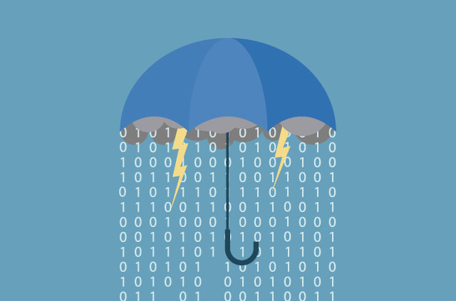 Storm of lightning and binary code rain from inside an umbrella.