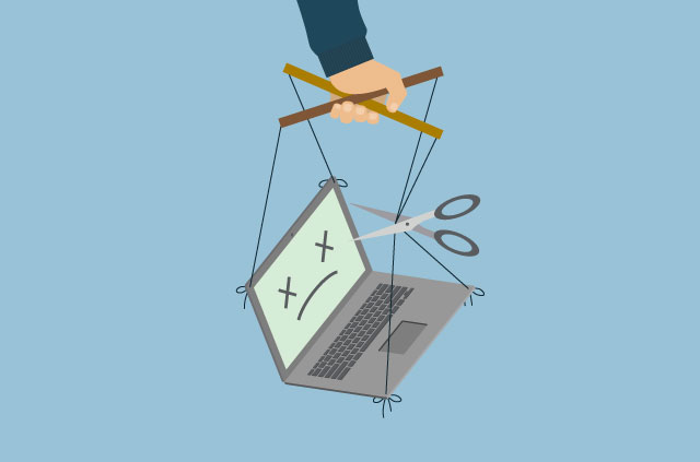 An illustration of a laptop held by puppet strings.