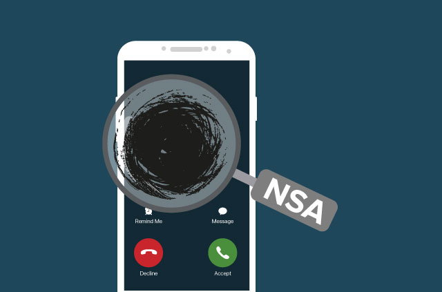A phone with a magnifying glass showing a black void with NSA on the handle.