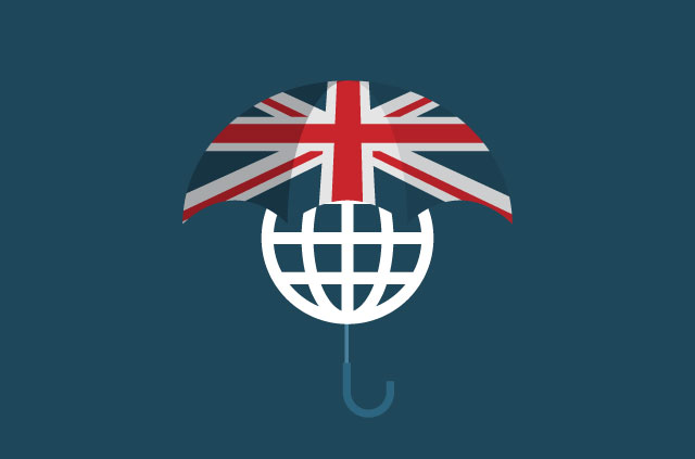 Umbrella with UK flag covering an image of the internet.