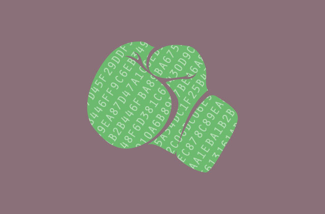A green boxing glove, covered in Matrix style code.