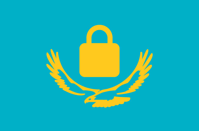 The Kazakhstan flag, except with a padlock where the sun should be.