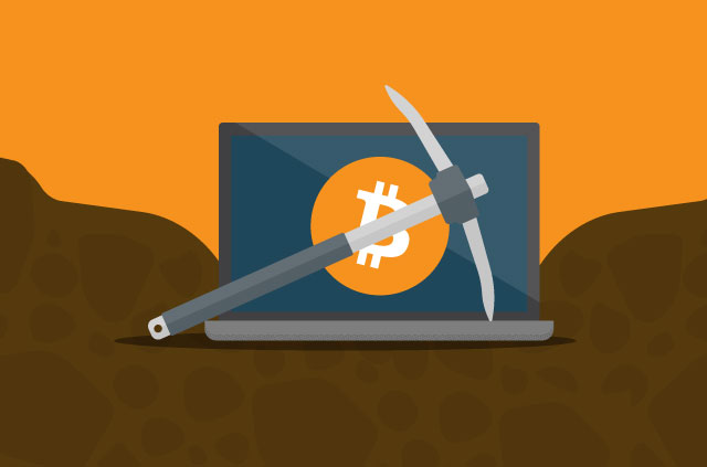 cryptojacking An illustration of a laptop and a pick axe.