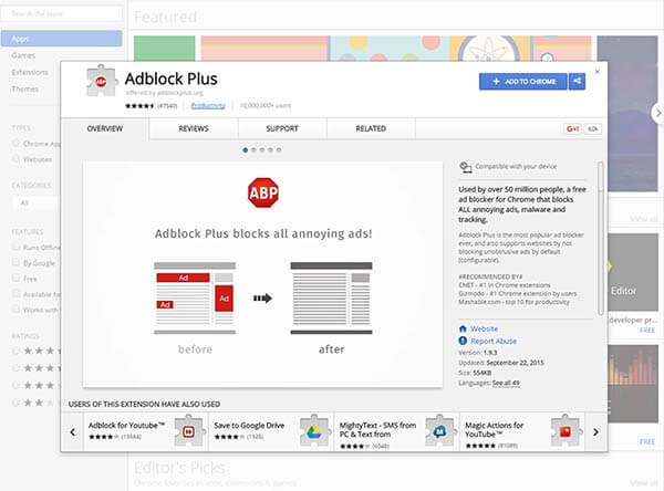 Adblock Plus page at the Chrome store