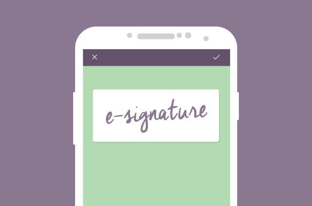 An illustation of a phone with "e-signature" written on it in a cursive font.
