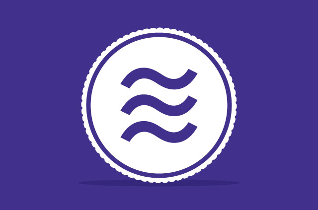 A white coin-shaped circle on a purple background. Within the coin-shaped circle are the three wavy lines of the Libra logo.