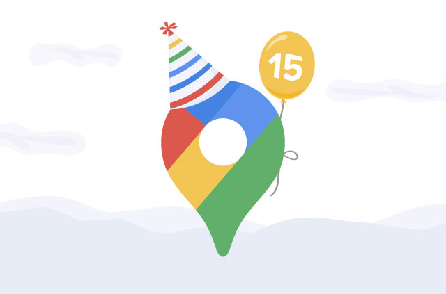 Google drop pin with a party hat and a balloon with 15 on it.