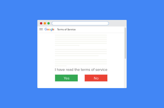 Google's terms of service with yes and no buttons.