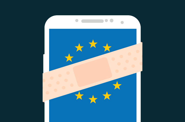 Band-aid over a phone with the EU logo.