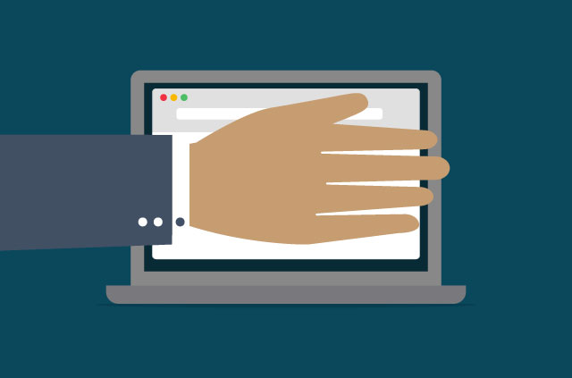 An illustration of a hand covering a computer screen.