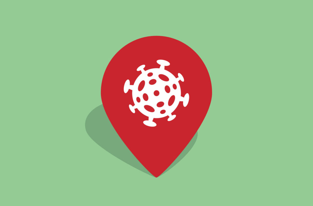 Location symbol with a virus.