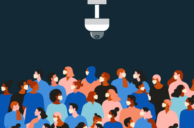 An illustration of a crowd of people, all wearing masks, under a surveillance camera.