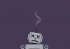 A slumped robot with smoke bellowing from it head.