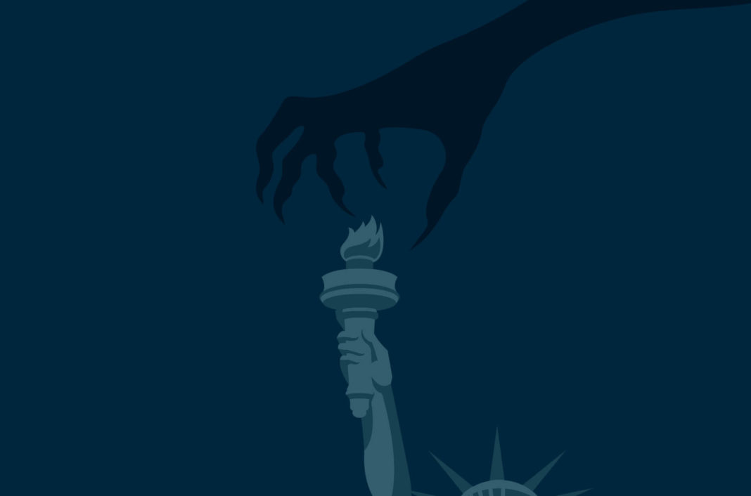 Statue of Liberty torch with a hand reaching down.