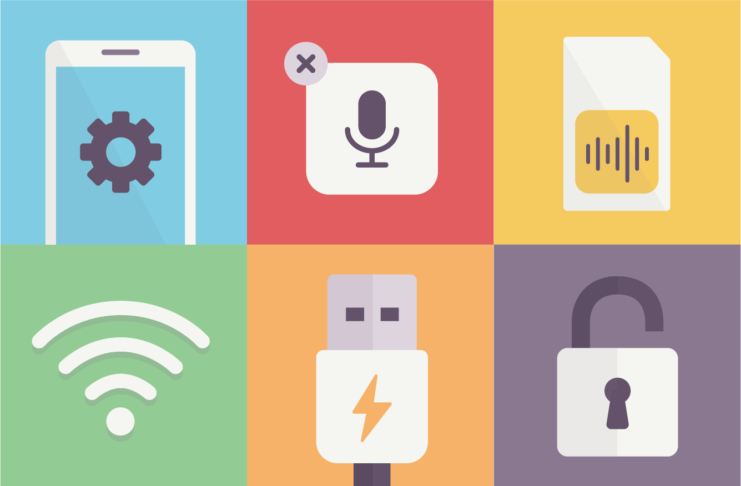 A collage of images related to mobile devices, e.g.: a Sim card and a USB socket.