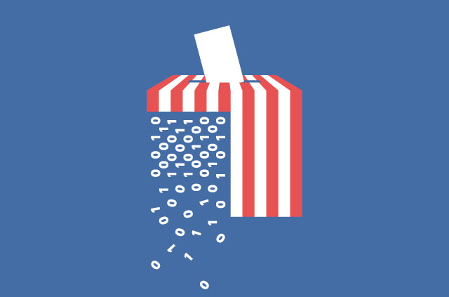 A ballot box with American flag stripes and falling code.