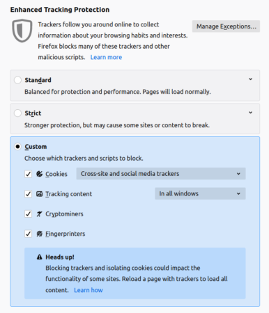 Screenshot of Enhanced Tracking Protection options in Firefox