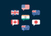 Message bubbles made up of US, UK, Australia, Japan, New Zealand, Canada, UK, and India flags
