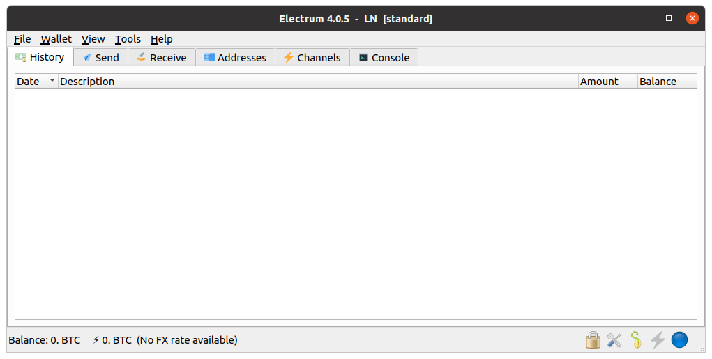 Screenshot of Electrum 4.0.5 showing the History tab