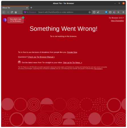 Screenshot of the Tor Browser displaying "Something Went Wrong"