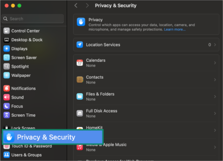 Image showing Mac Privacy & Security setting.