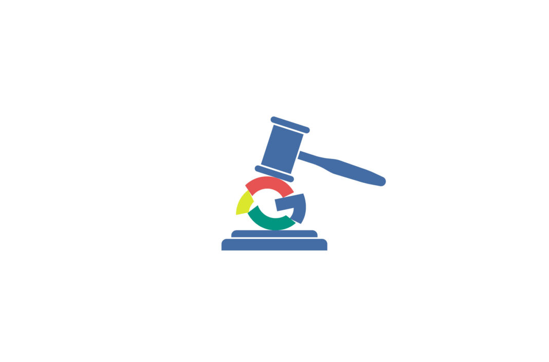 Google logo crushed under gavel.