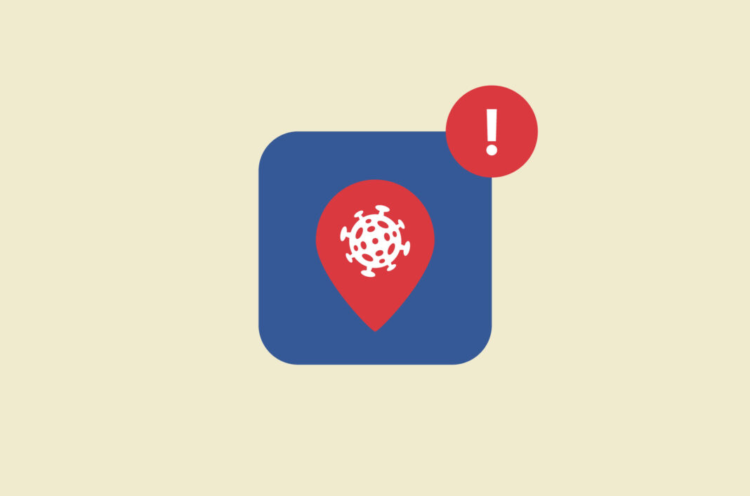An app button with a virus and location symbol.