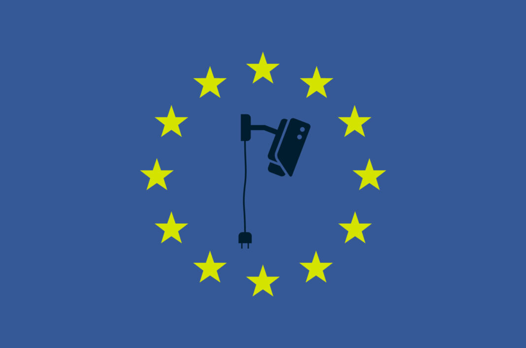 EU stars surrounding a fallen CCTV camera.