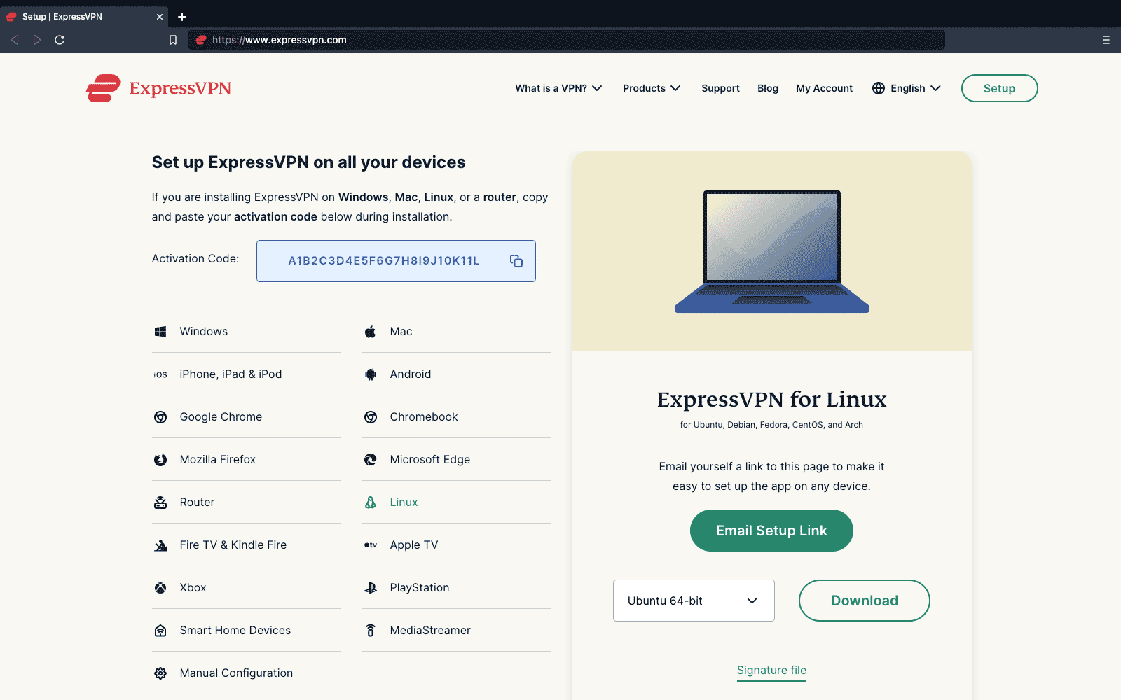 A screenshot of ExpressVPN's Setup Page