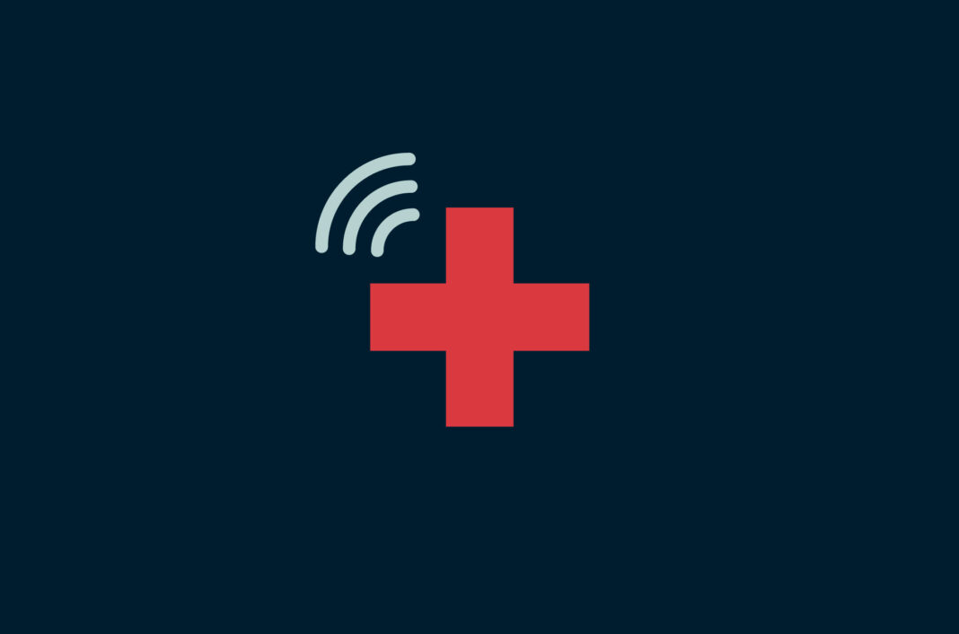 Cross health symbol with Wi-Fi signal.
