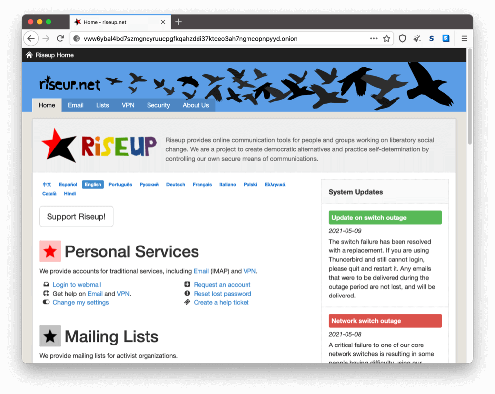 Riseupのダークウェブ上のオニオンサイト
