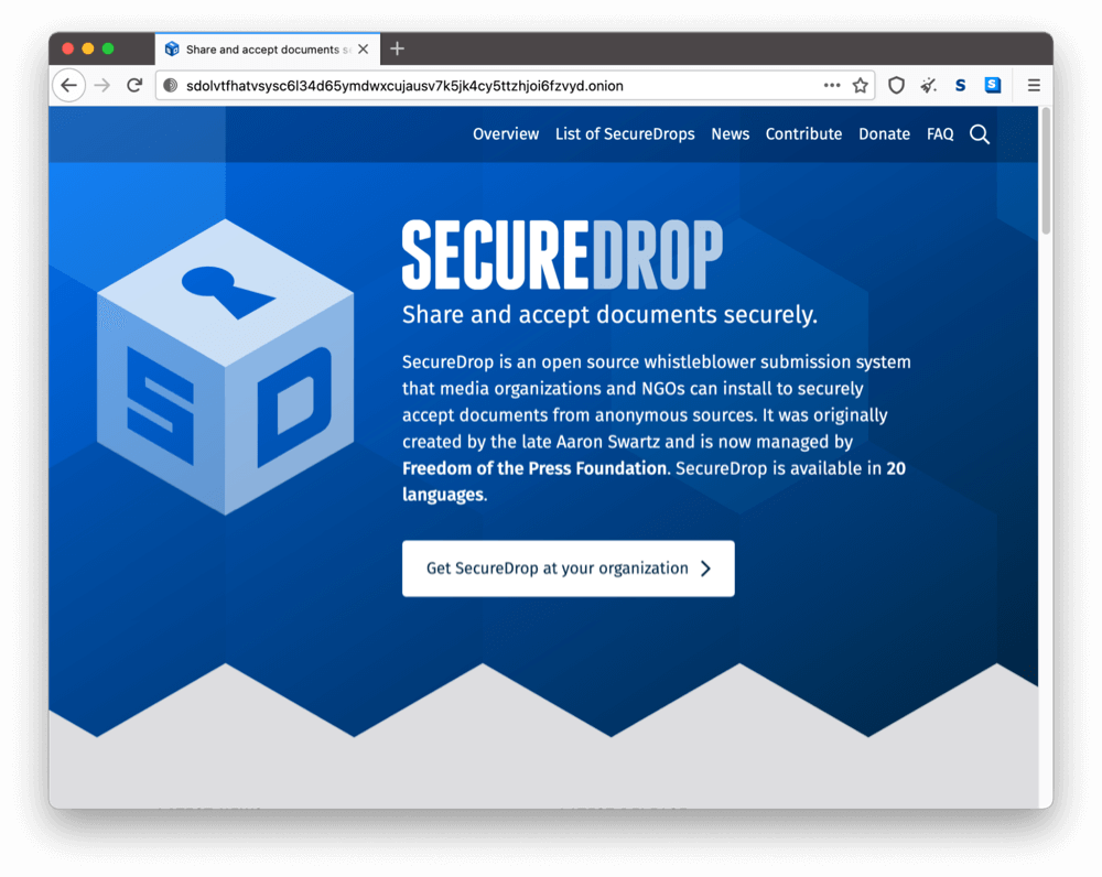SecureDrop's onion site on the dark web