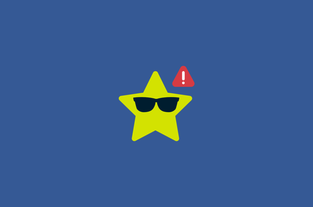 Warning sign next to star wearing sunglasses representing celebrity scams