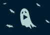 A ghost with a play symbol for a mouth, and multiple bats.