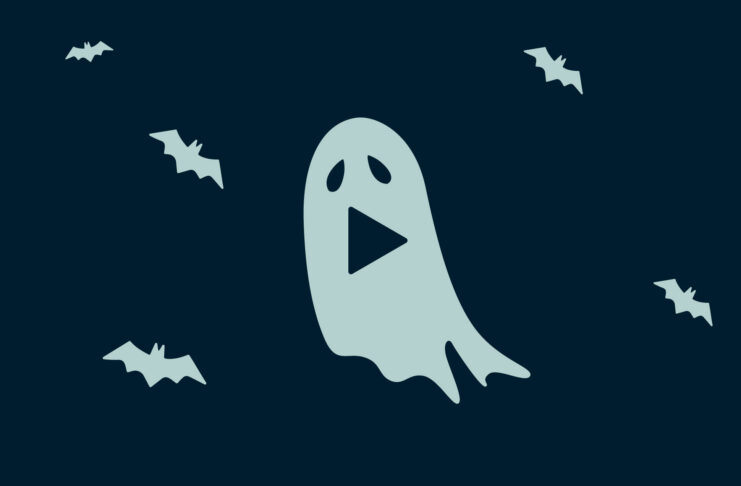 A ghost with a play symbol for a mouth, and multiple bats.