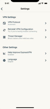 ExpressVPN iOS settings screen.