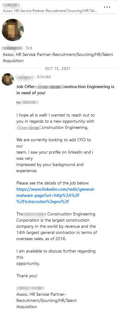 Screenshot of a fake LinkedIn job offer.