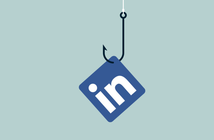 The LinkedIn logo dangling from a fishing hook and line. 