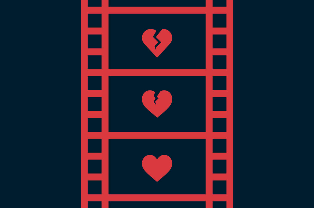 Film strip with a broken heart turning into a heart.