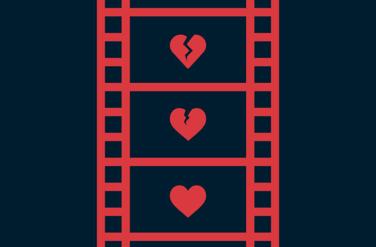 Film strip with a broken heart turning into a heart.