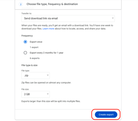 Google Takeout Create Export.