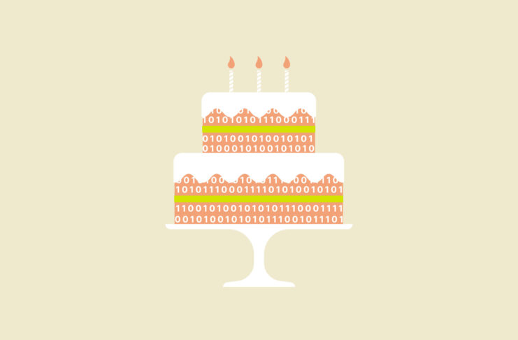 A birthday cake made up of code with candles.