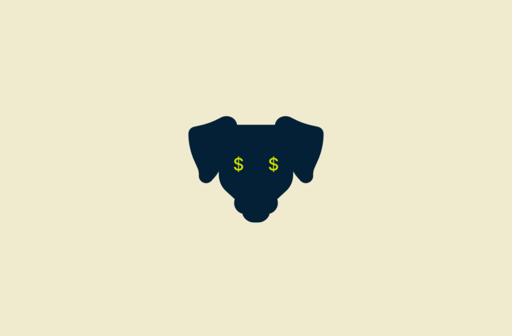 Dog's head with dollar signs for eyes.