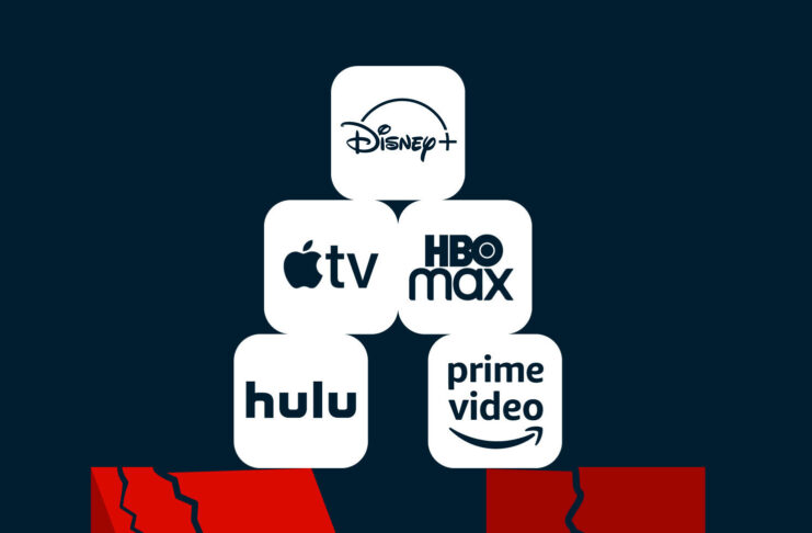 Logos von HBO Max, Disney Plus, Hulu, Apple TV und Amazon Prime Video thronen auf einem halben N, das für Netflix steht