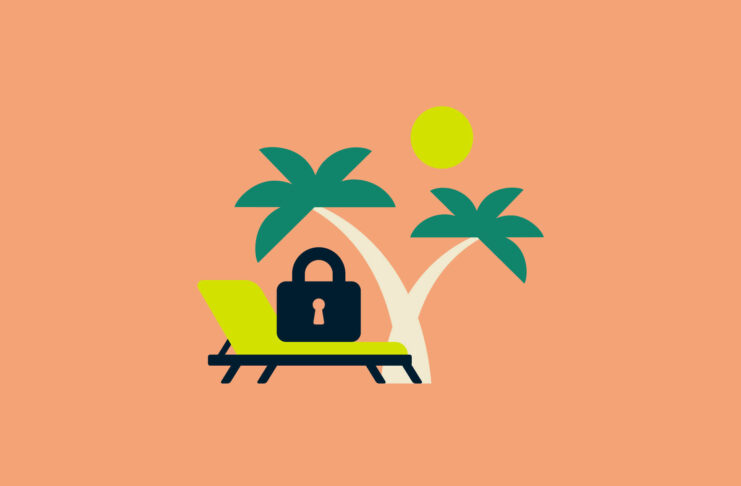 Palm trees, deck chair, and a lock.