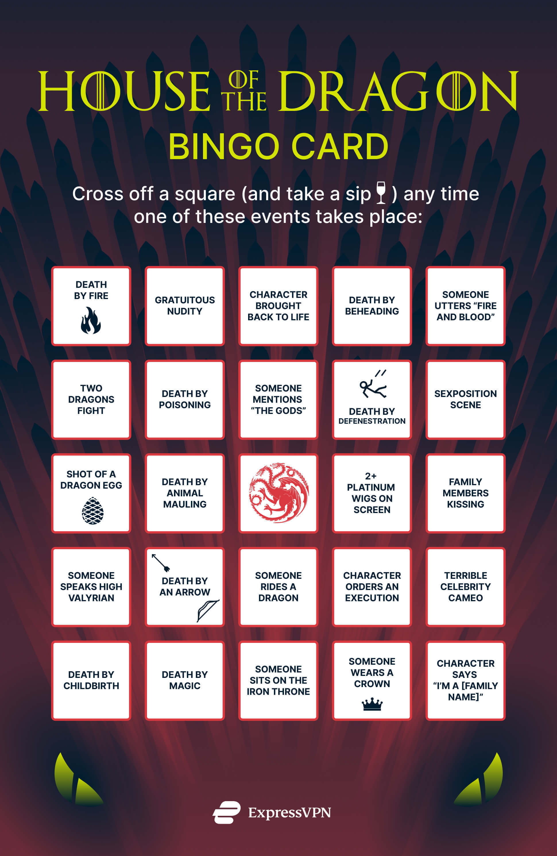 House of the Dragon bingo card.