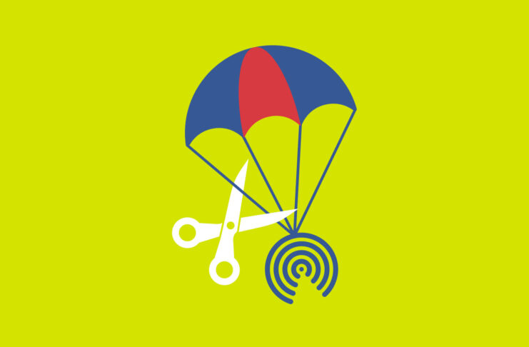 AirDrop icon parachuting with a pair of scissors cutting the strings.